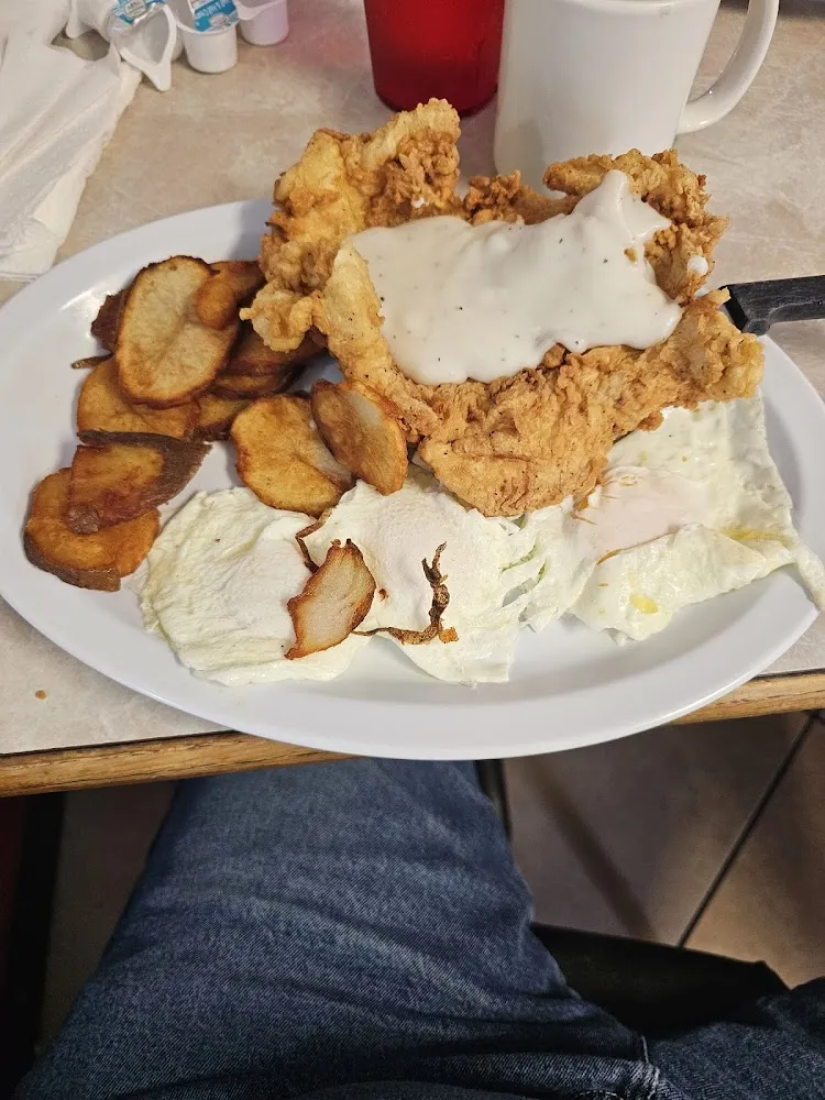 Fried Pork Tenderloin and Eggs with Hashbrowns